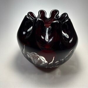 Ruby red cut to clear hand blown Glass Vase ruffle edge rose bowl Czech bohemian